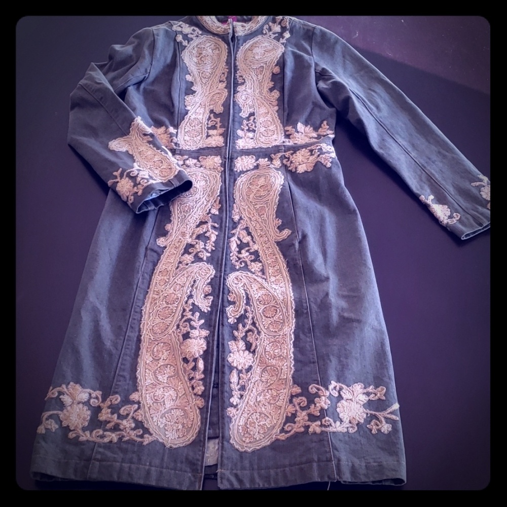 Trench length denim jacket